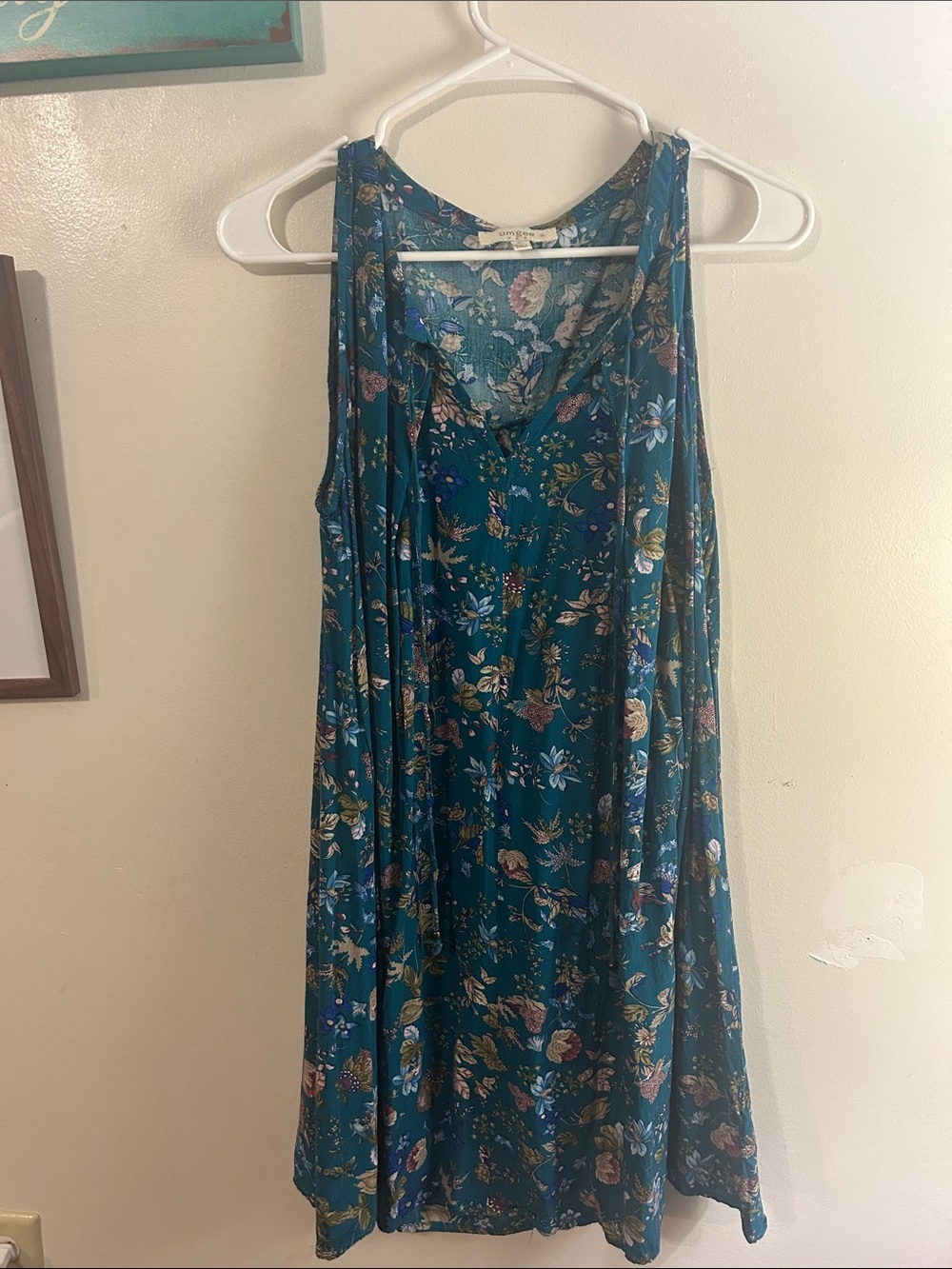 Umgee Teal Floral Scoop Neck Mini Dress